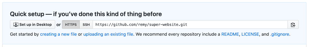 GitHub 截图显示了可用于将代码部署到 GitHub 仓库的远程 URL