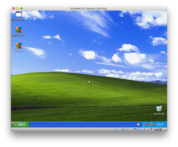 Screenshot von Windows XP, gehostet in VirtualBox, und laufend auf macOS