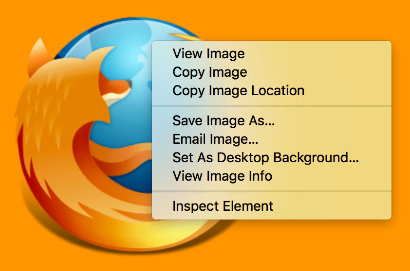 Le logo de Firefox comme un élément du DOM dans un site web d'exemple avec le menu contextuel affiché. Ce menu contextuel apparaît lors d'un clic-droit sur n'importe quel élément d'une page web. La dernière option du menu indique « Inspecter ».