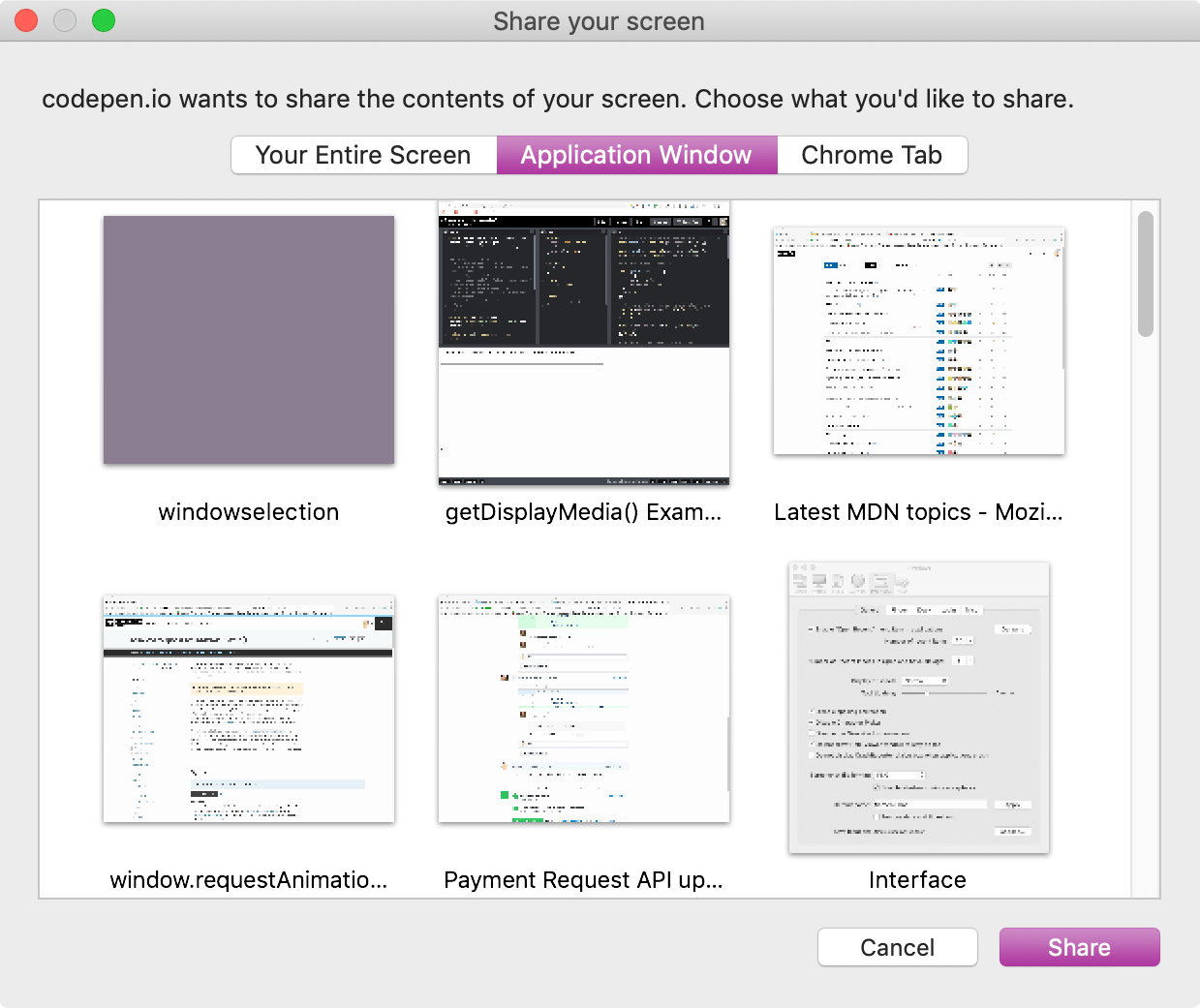 Screenshot von Chromes Fenster zur Auswahl einer Quellenoberfläche
