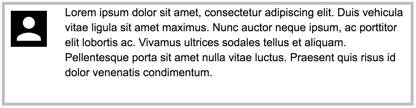 Beispiel eines Medienobjekts mit Profilbild auf der linken Seite und Lorem Ipsum Text auf der rechten Seite, der 80 % des Platzes einnimmt