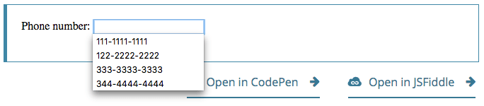 Ein Eingabefeld hat Fokus mit einem blauen Fokusring. Die Eingabe hat ein Dropdown-Menü mit vier Telefonnummern, die der Benutzer auswählen kann.
